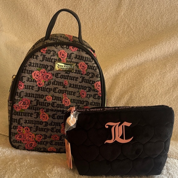 Juicy Couture Handbags - Juicy Couture Black and Pink Rose Backpack with  Make-Up Pouch